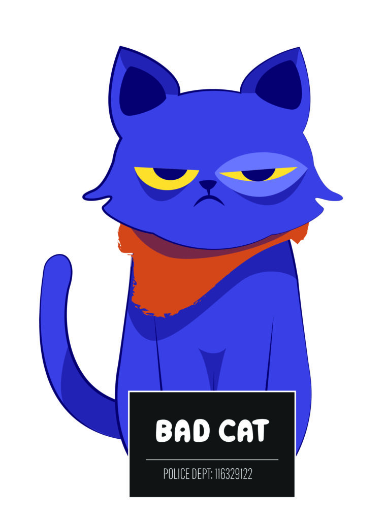 tomsu (angry purple cat with orange scarf) beaten up and sitting behind a sign labeled bad cat