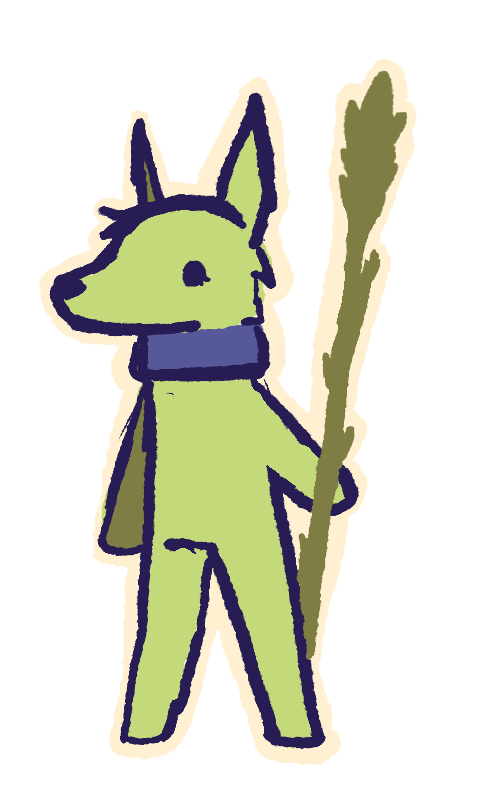 Ryval, a green dog with a blue collar holding a spear that's actually just a big asparagus