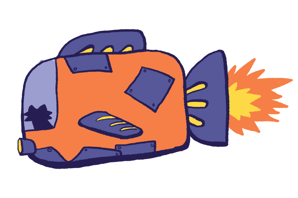 Tomsu's spaceship.
It's shaped like a fish, orange purple and yellow.
