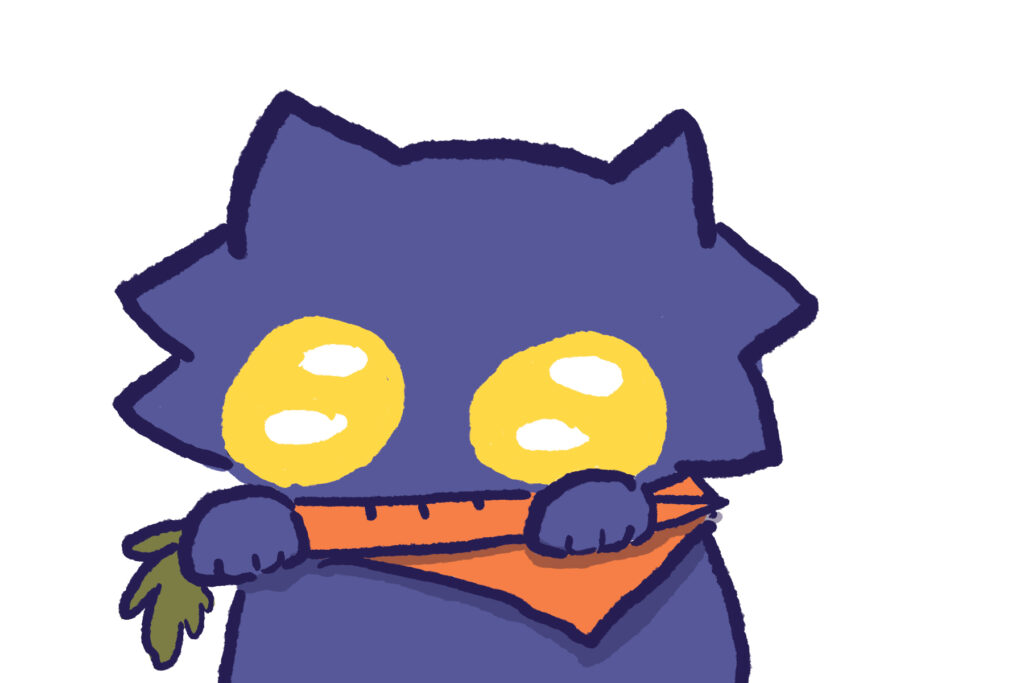 Tomsu (a purple cat with an orange scarf) holding his carrot and looking cute