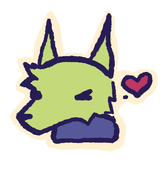 Headshot of Ryval winking. (Ryval is a green dog with a blue collar)